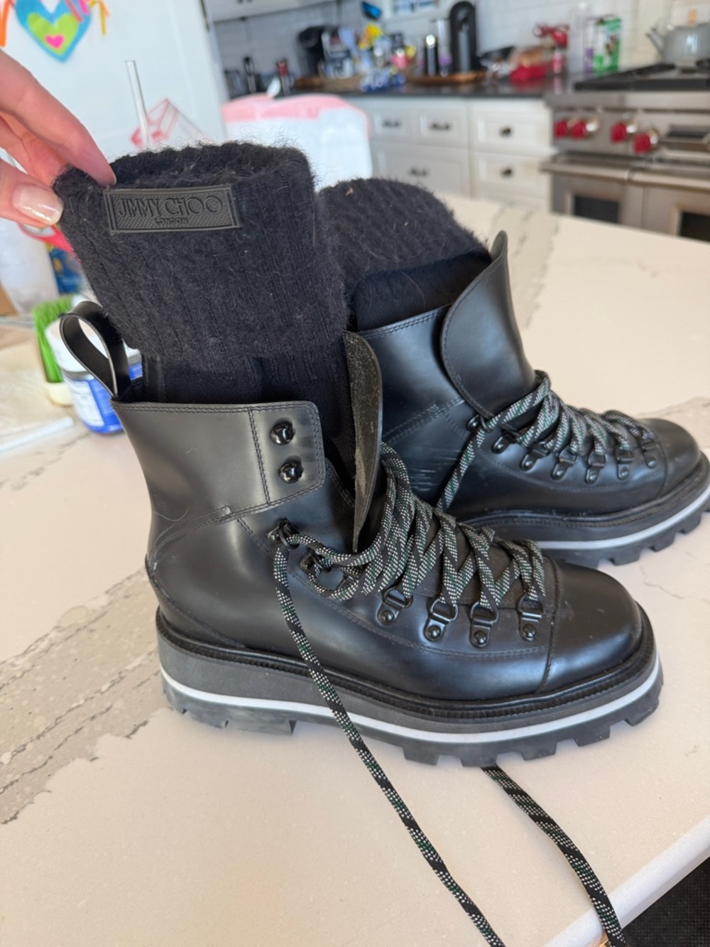 Jimmy Choo Black Leather Lace-Up Combat Boots with Knit Cuffs